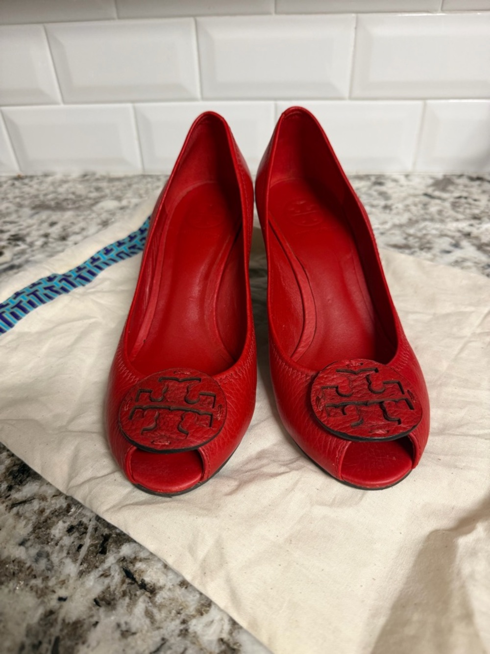 Tory Burch Red Peep-Toe Leather Wedges with dust bag